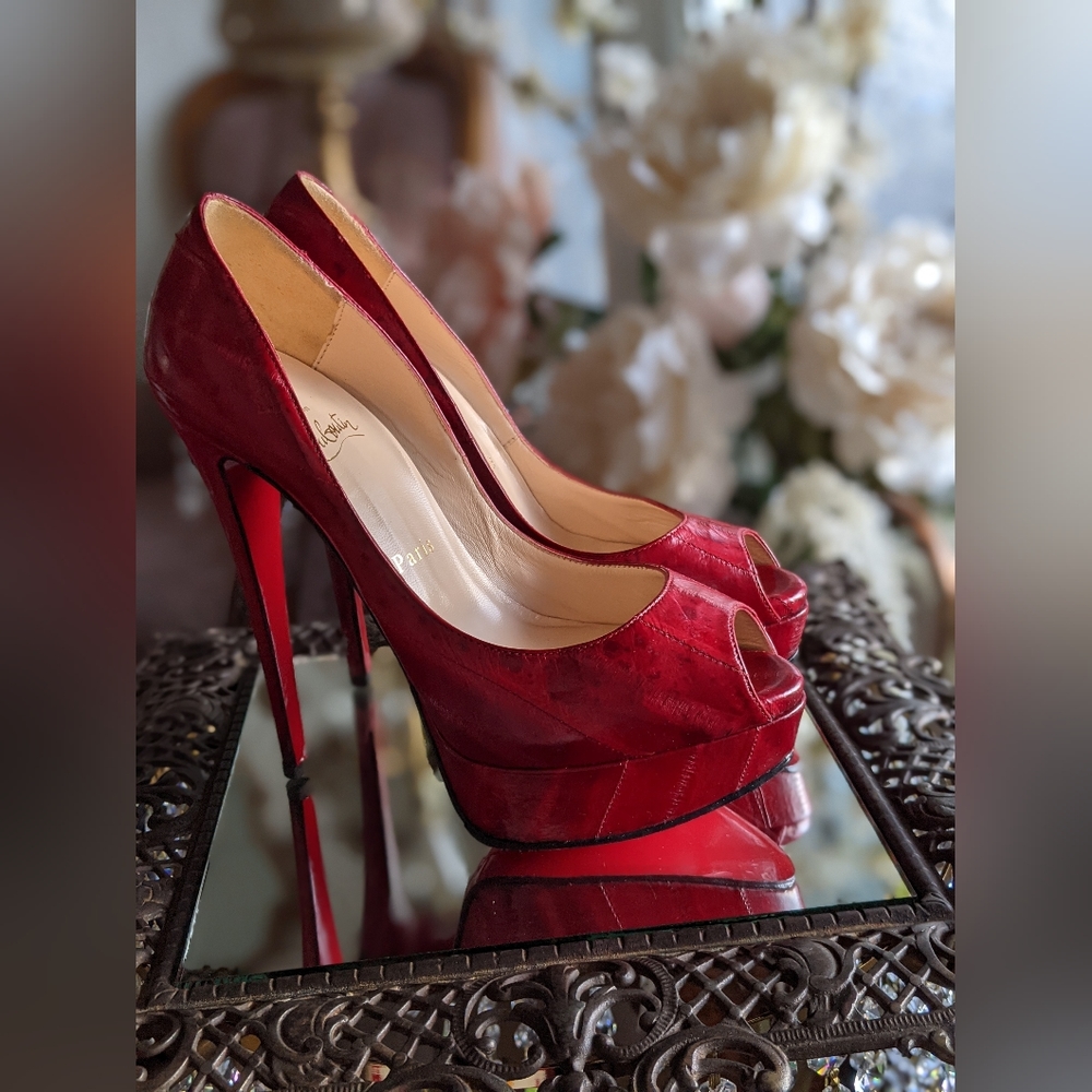louboutin 37 red eel leather lady peep toe platform stiletto 150mm
